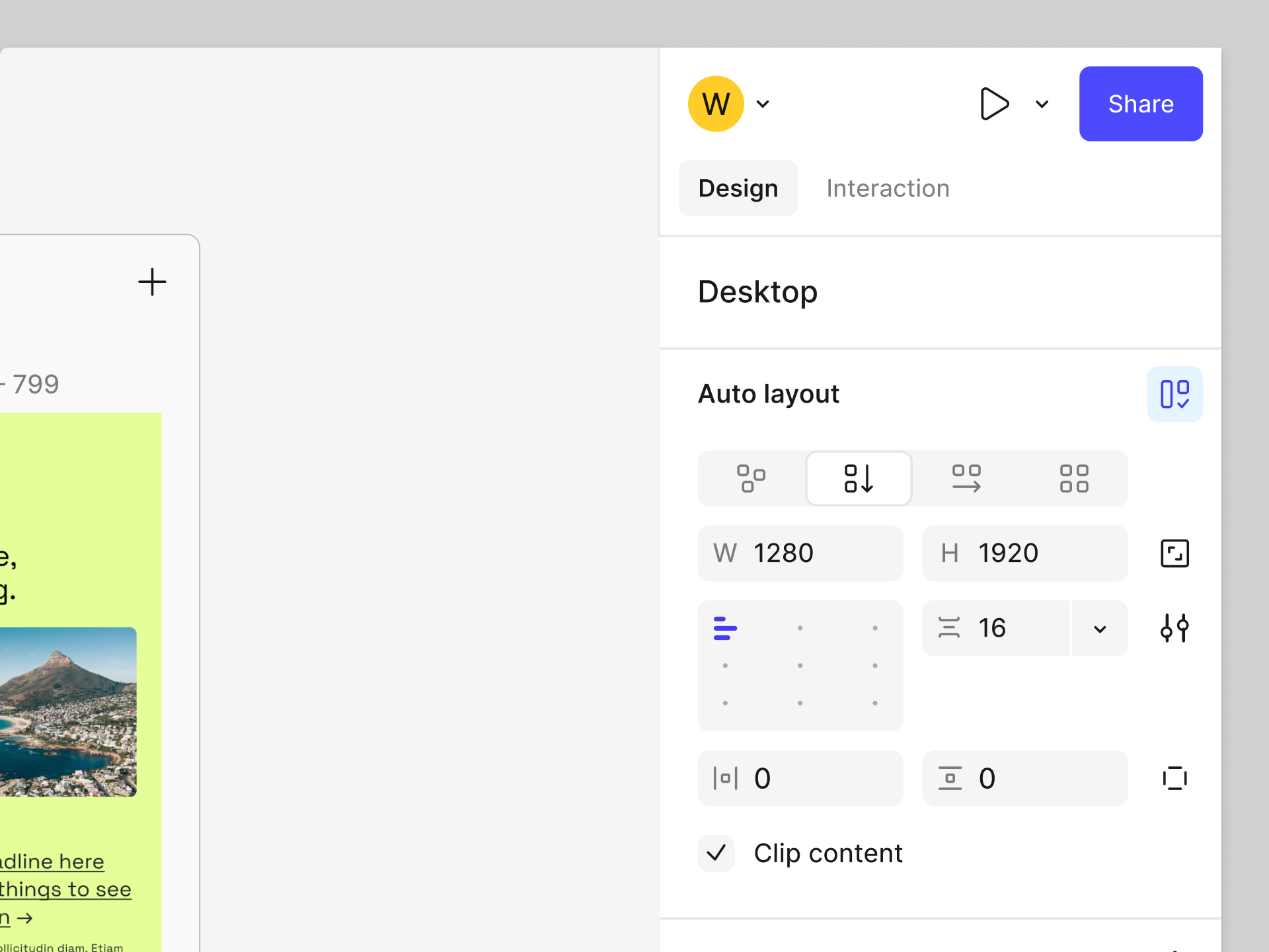 Figma Sites right panel displaying Design and Interaction tabs for granular control over website elements.
